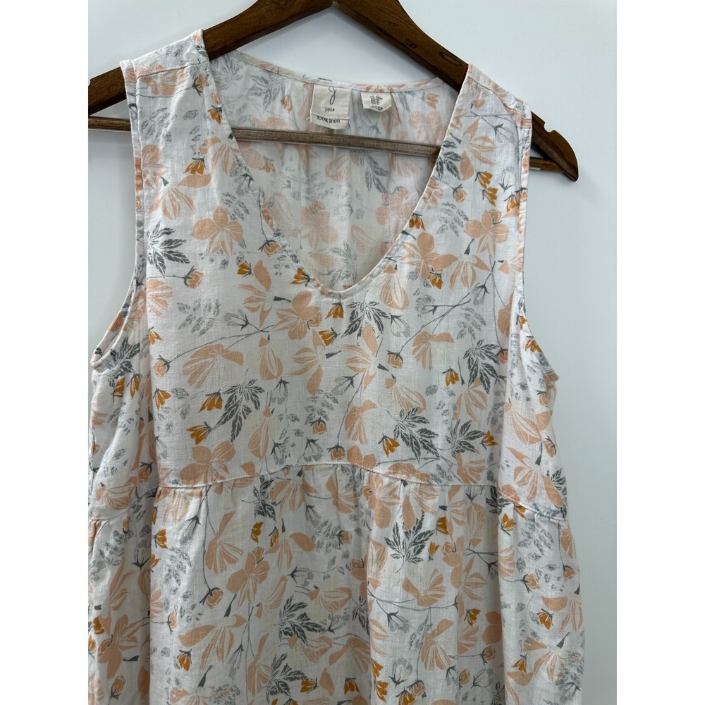Joie Cream & Peach Floral 100% Linen Tiered Sleeveless V-Neck Mini Dress Medium - Picture 5 of 13